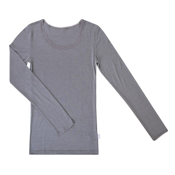 Joha - Dames shirt lange mouw - Wol/Zijde - Grijs met kantje
