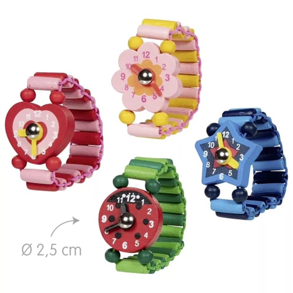 Houten horloge met elastische armband in de vorm van een hartje, bloem, ster of lieveheersbeestje