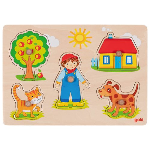 Goki - Noppenpuzzel - Hout - Kat, hond, peg