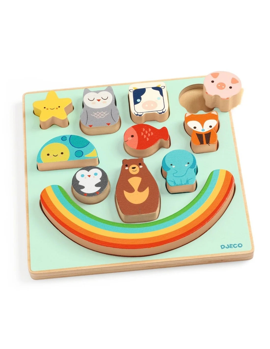 Djeco - Houten puzzel - Evenwichtsspel - Regenboogdieren